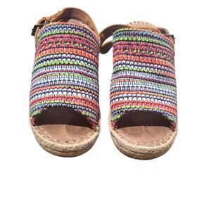 Toms Monica Multi-Color Striped Espadrille Woven Wedge Peep Toe Sandals 9.5 M